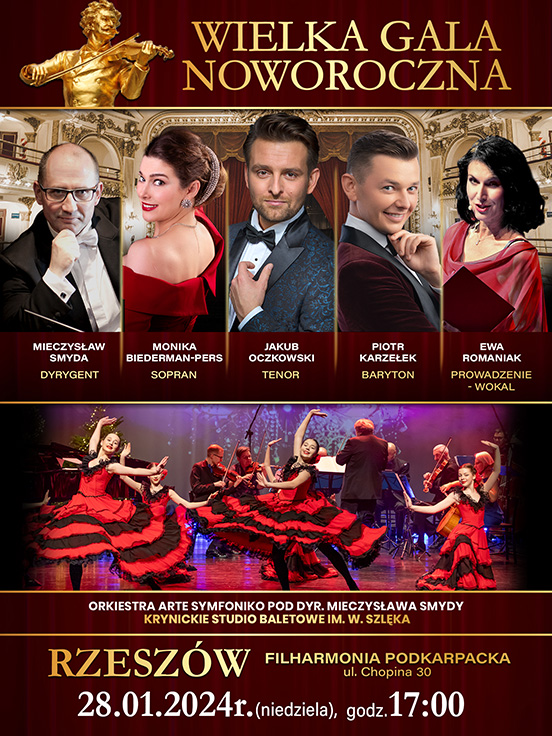 plakat koncertu pt. Wielka Gala Noworoczna organizowanego przez Agencję Muza. Plakat przedstawia ujęcie z koncertu oraz zdjęcia wykonawców