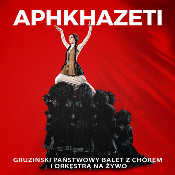 Grafika reklamująca wydarzenie - Gruziński państwowy balet APKHAZETTI, postać w regionalnym stroju tanecznym na czerwonym tle
