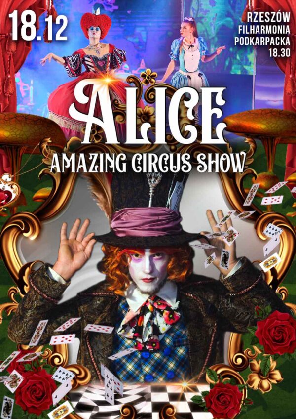 Po lewej stronie plakat przedstawiający wydarzenie Alice amazing circus show