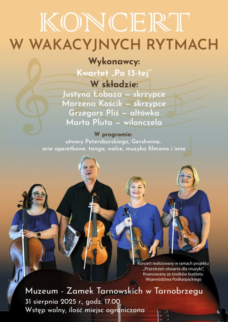 plakat do koncertu w wakacyjnych rytmach, na zdjęciu kwartet muzyków