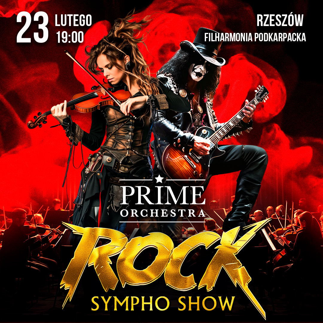 2302_PR_1080x1080 Po lewej stronie znajduje się grafika promująca wydarzenie zatytułowane PRIME ORCHESTRA - ROCK SYMPHO SHOW szczegóły są zawarte na stronie internetowej