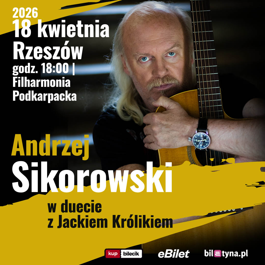 1080 x 1080 px-25 Po lewej stronie znajduje się grafika promująca wydarzenie zatytułowane Andrzej Sikorowski w duecie z Jackiem Królikiem szczegóły są zawarte na stronie internetowej