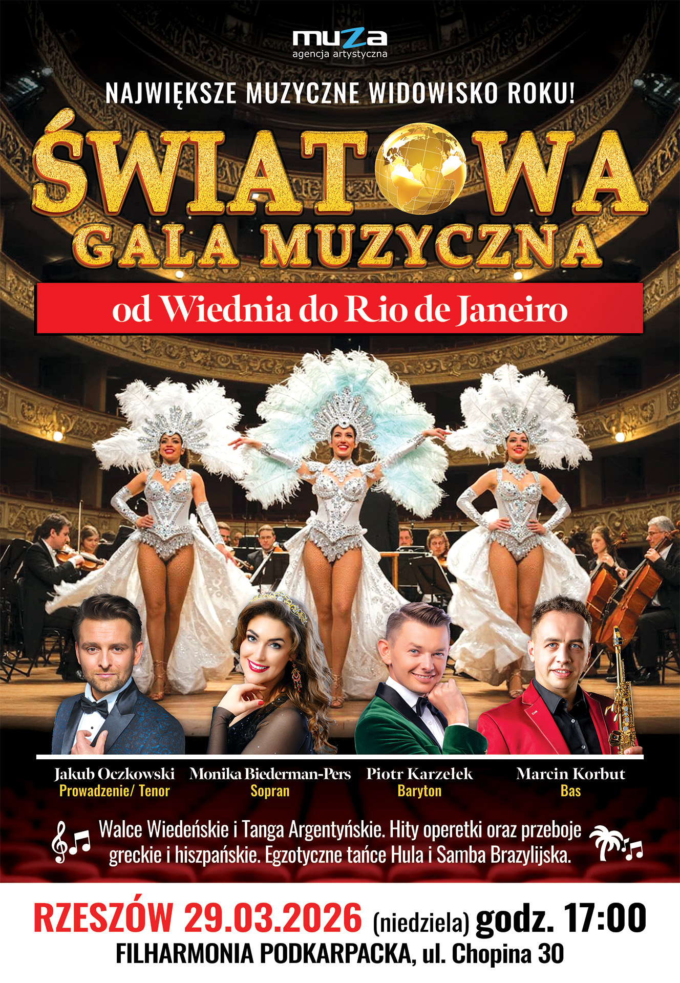 Światowa rzeszów Po lewej stronie znajduje się grafika promująca wydarzenie zatytułowane ŚWIATOWA GALA MUZYCZNA – OD WIEDNIA DO RIO DE JANEIRO szczegóły są zawarte na stronie internetowej