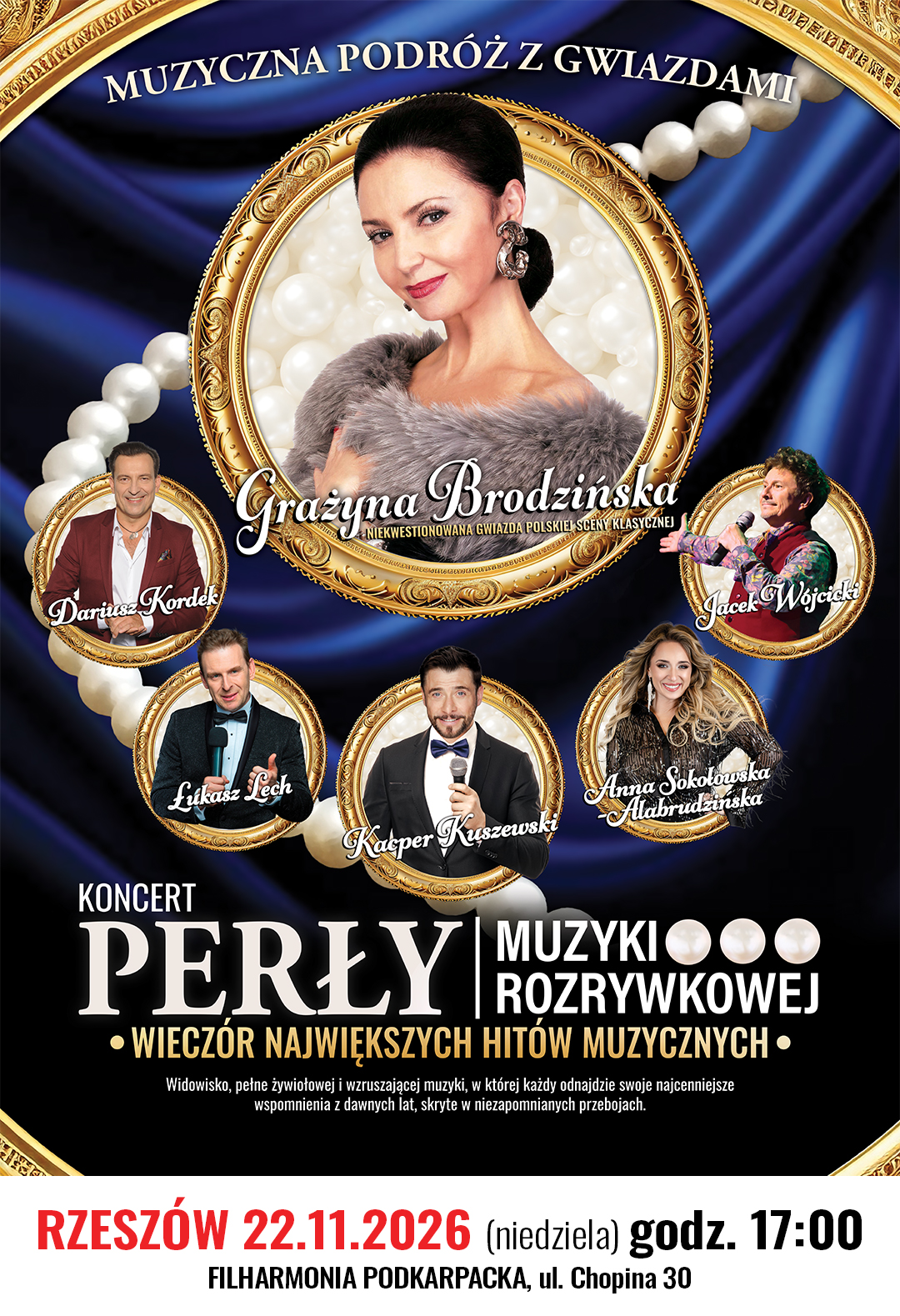 Po lewej stronie znajduje się grafika promująca wydarzenie zatytułowane PERŁY MUZYKI ROZRYWKOWEJ - GRAŻYNA BRODZIŃSKA I JEJ GOŚCIE szczegóły są zawarte na stronie internetowej