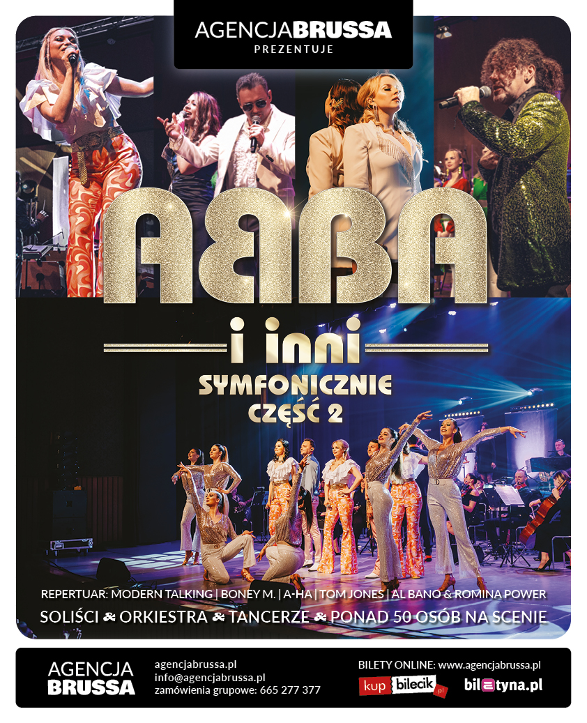Po lewej stronie znajduje się grafika promująca wydarzenie zatytułowane ABBA I INNI SYMFONICZNIE 2 szczegóły są zawarte na stronie internetowej
