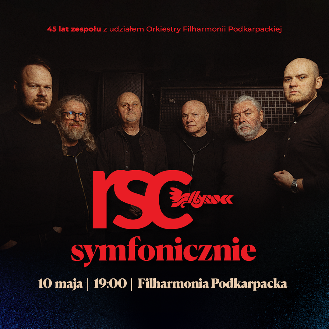 Po lewej stronie znajduje się grafika promująca wydarzenie zatytułowane Na długie pożegnania - RSC z orkiestrą symfoniczną szczegóły są zawarte na stronie internetowej