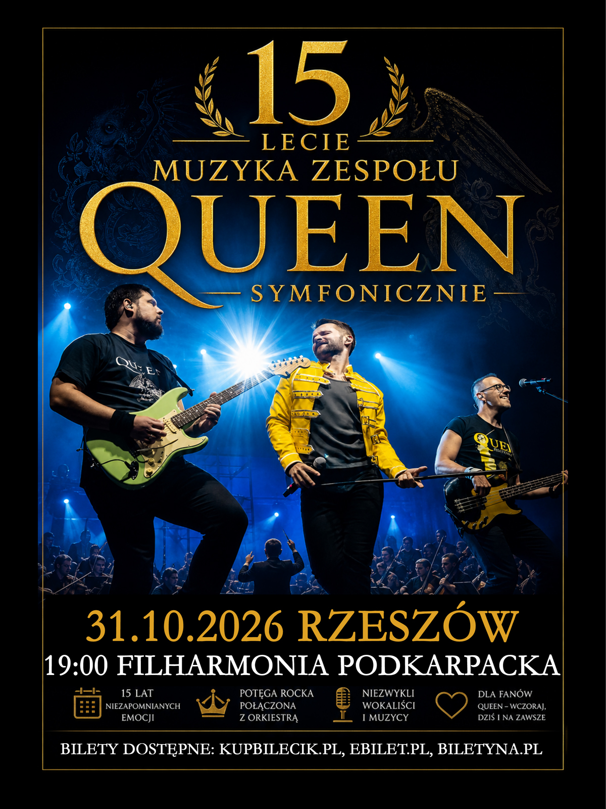 Po lewej stronie znajduje się grafika promująca wydarzenie zatytułowane QUEEN SYMFONICZNIE – XV-lecie działalności szczegóły są zawarte na stronie internetowej