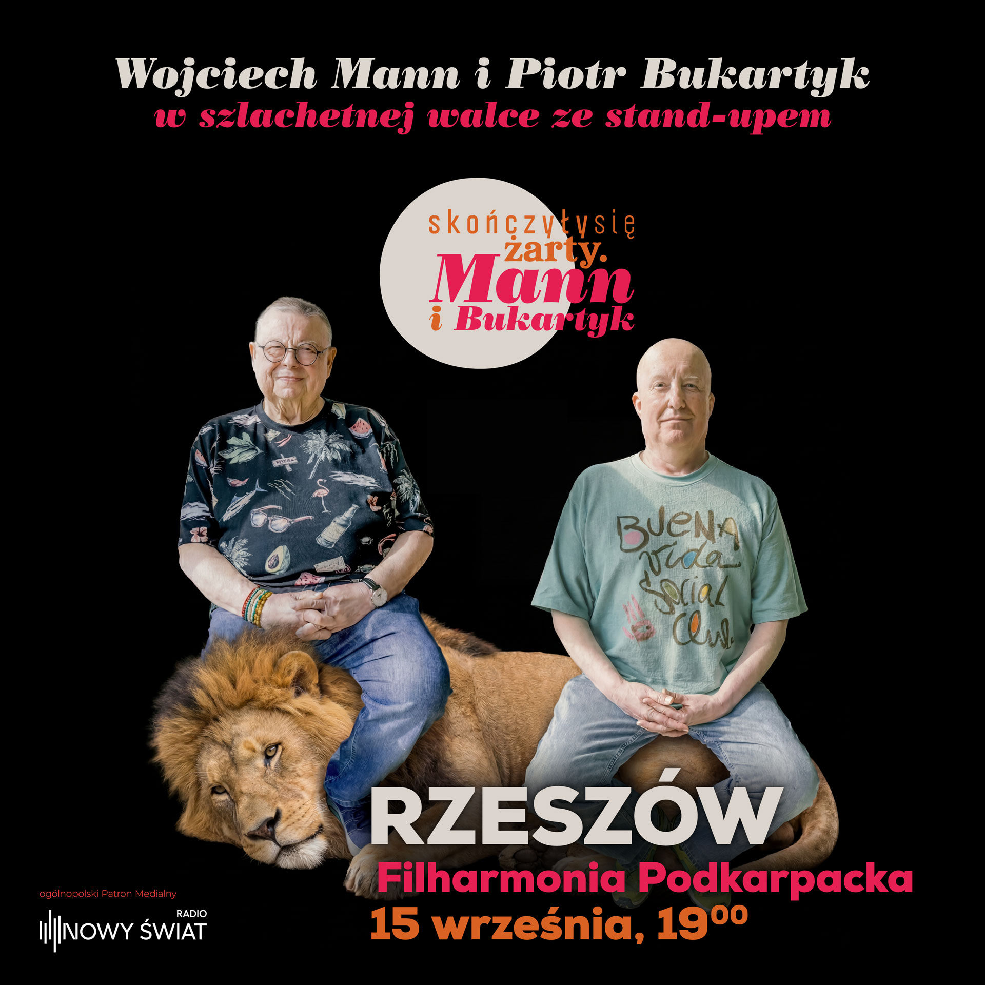 Po lewej stronie znajduje się grafika promująca wydarzenie zatytułowane Skończyły się żarty. Mann i Bukartyk. szczegóły są zawarte na stronie internetowej
