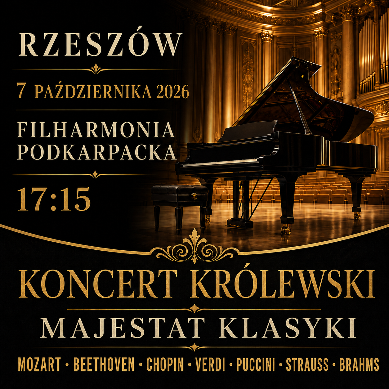 Po lewej stronie znajduje się grafika promująca wydarzenie zatytułowane KONCERT KRÓLEWSKI – MAJESTAT KLASYKI szczegóły są zawarte na stronie internetowej