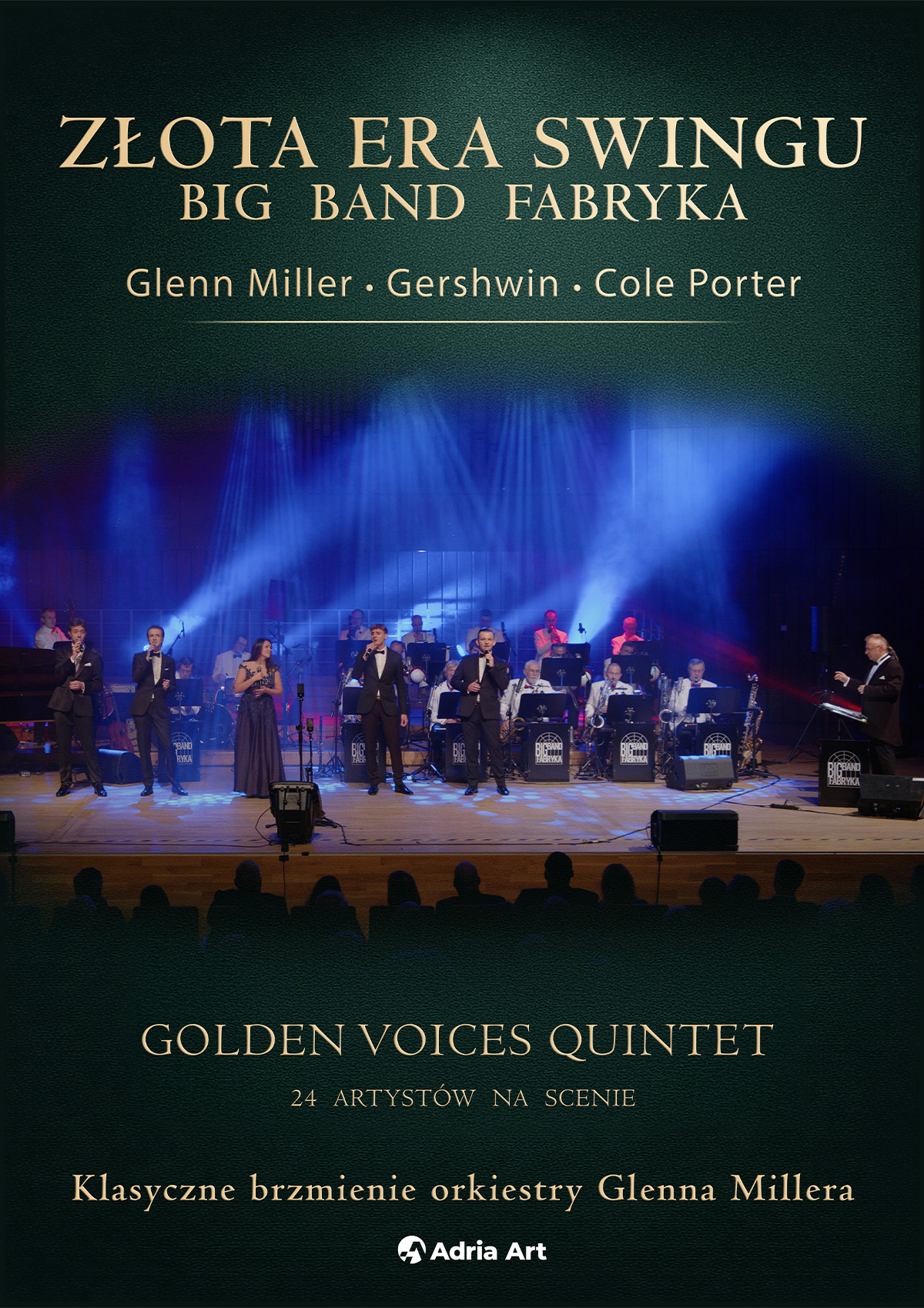 Po lewej stronie znajduje się grafika promująca wydarzenie zatytułowane Złota Era Swingu - Big Band Fabryka - Glenn Miller, Gershwin, Cole Porter szczegóły są zawarte na stronie internetowej