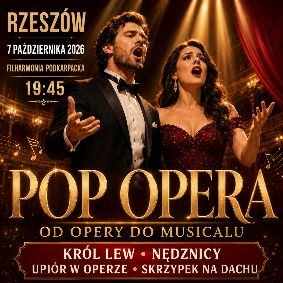 Po lewej stronie znajduje się grafika promująca wydarzenie zatytułowane POP OPERA – OD OPERY DO MUSICALU szczegóły są zawarte na stronie internetowej
