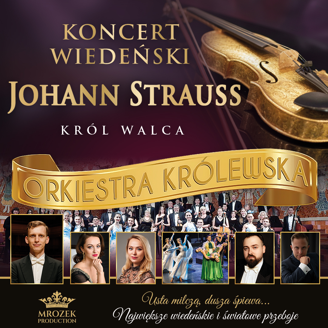 Po lewej stronie znajduje się grafika promująca wydarzenie zatytułowane Koncert Wiedeński – Johann Strauss Gala 2027 „W świecie operetki” szczegóły są zawarte na stronie internetowej