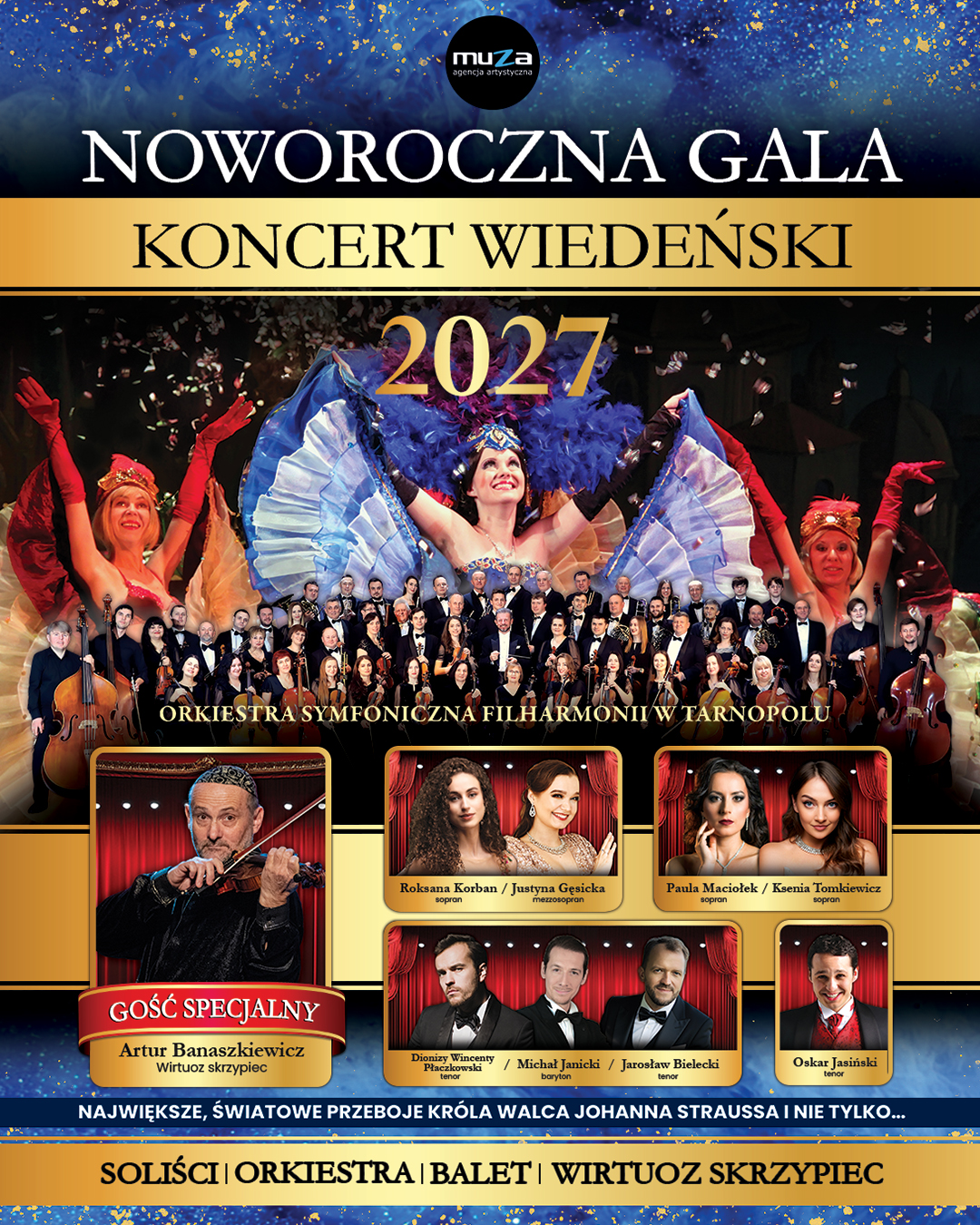 Po lewej stronie znajduje się grafika promująca wydarzenie zatytułowane NOWOROCZNA GALA – Koncert Wiedeński szczegóły są zawarte na stronie internetowej