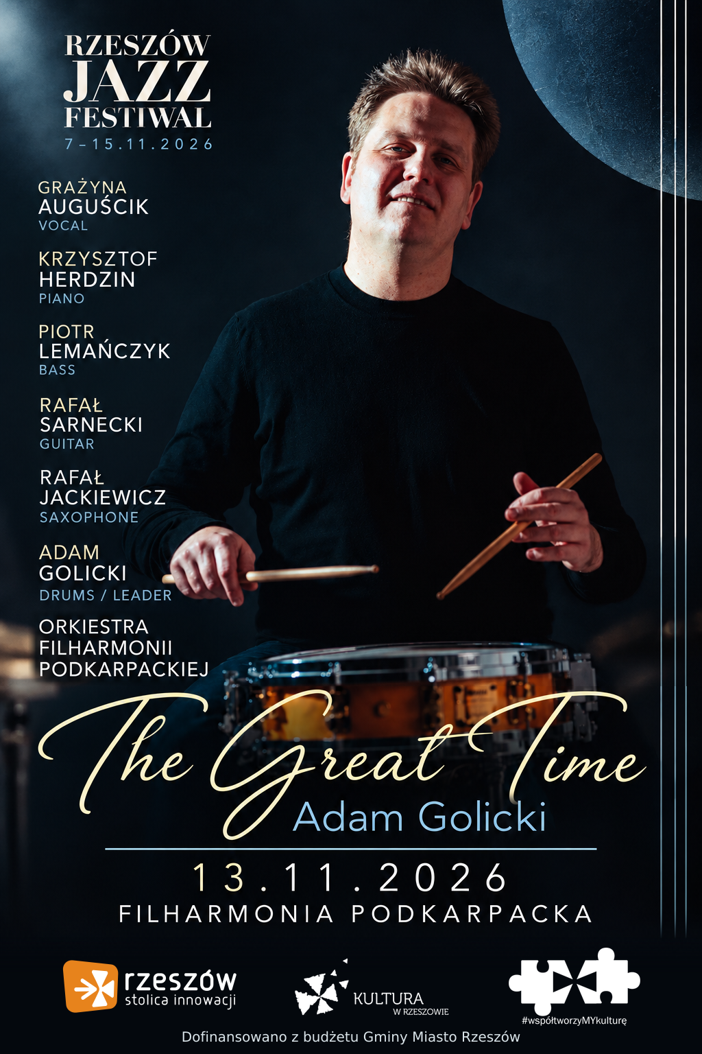 Po lewej stronie znajduje się grafika promująca wydarzenie zatytułowane Adam Golicki The Great Time Rzeszów Jazz Festiwal 2026 szczegóły są zawarte na stronie internetowej