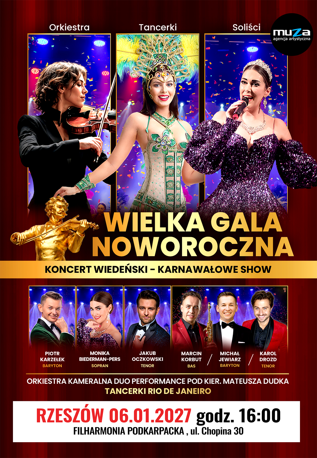 Po lewej stronie znajduje się grafika promująca wydarzenie zatytułowane WIELKA GALA NOWOROCZNA Koncert Wiedeński – Karnawałowe Show – Jedyne Takie w Polsce! szczegóły są zawarte na stronie internetowej