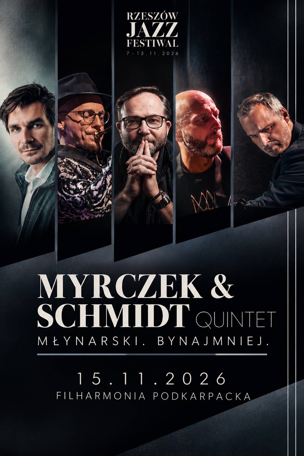 Po lewej stronie znajduje się grafika promująca wydarzenie zatytułowane Młynarski. Bynajmniej. Myrczek & Schmidt Quintet feat. Krzysztof Herdzin Rzeszów Jazz Festiwal 2026 szczegóły są zawarte na stronie internetowej